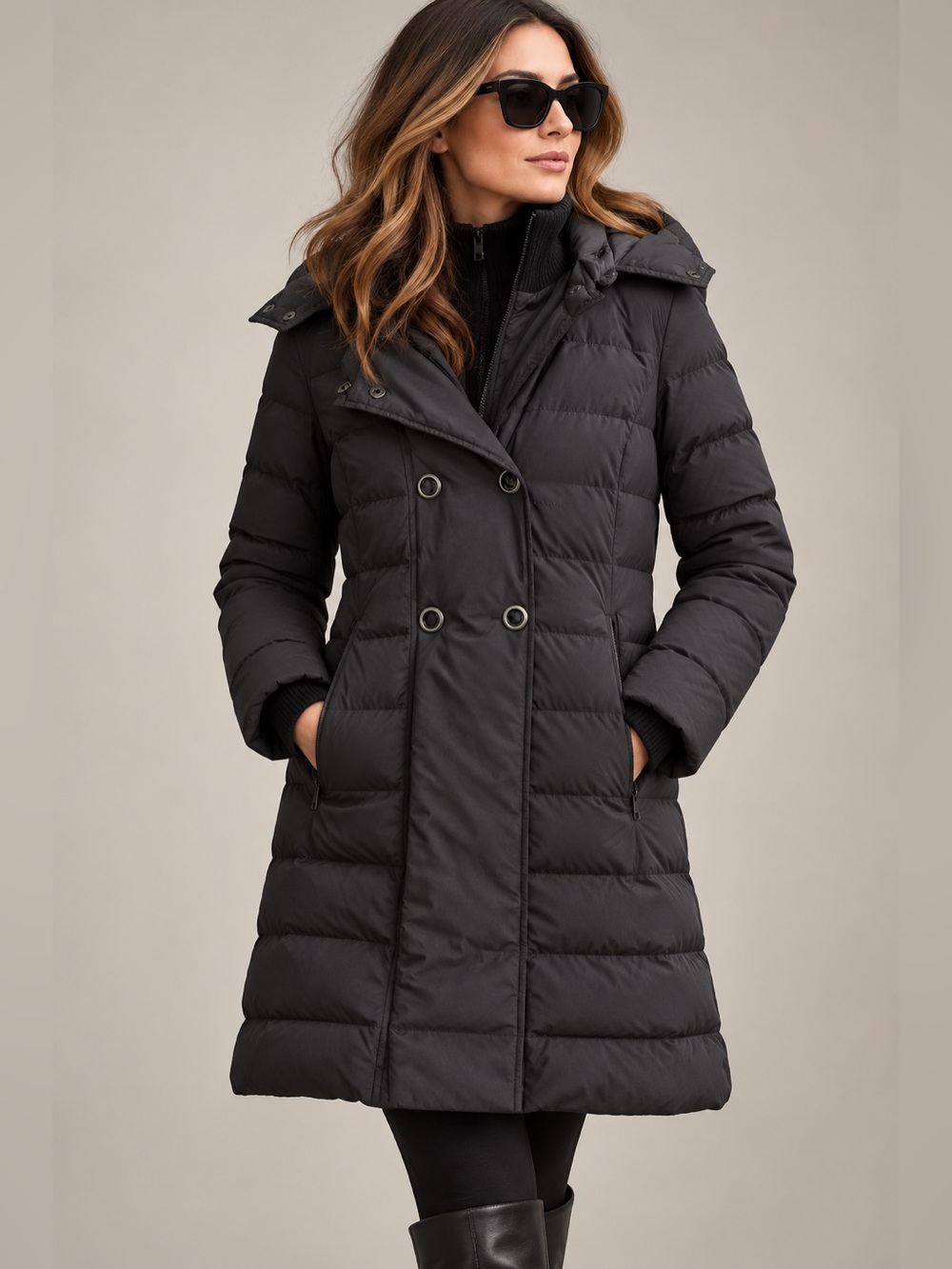 Soia & Kyo Black Down Puffer Coat M Hooded Double Front